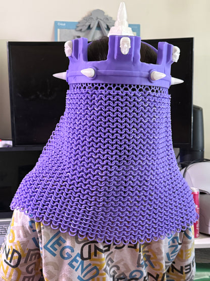 Rear view of the purple 3D printed WWE Skull King Crown with chainmail-style drape and side spikes.