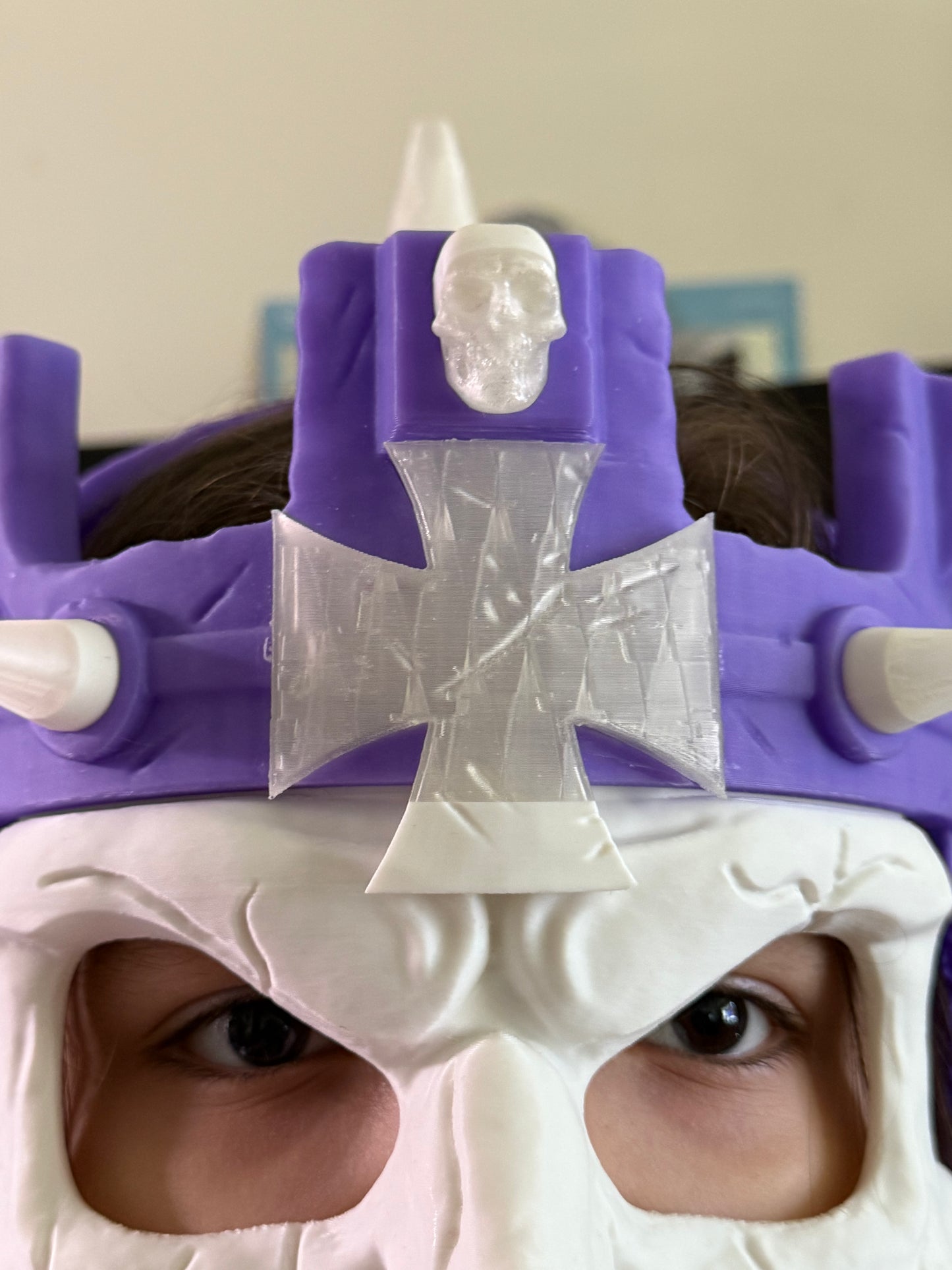 Close-up of the 3D printed WWE Skull King Crown showing the center skull emblem, crown peak, and front spikes.
