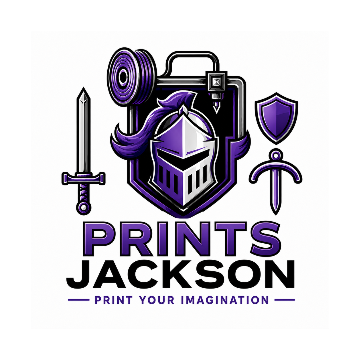 Logo of Prints Jackson with purple knight helmet, sword, and shield on a white background