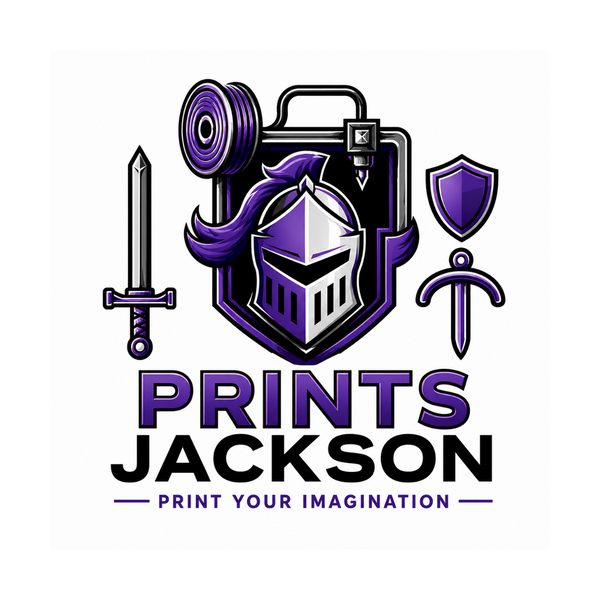 Logo of Prints Jackson with purple knight helmet, sword, and shield on a white background