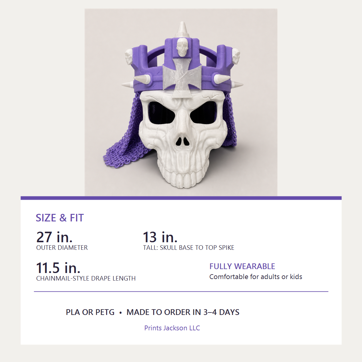Crown size and fit graphic: 27-inch outer diameter, 13 inches tall, 11.5-inch chainmail-style drape, wearable for adults or kids, available in PLA or PETG.