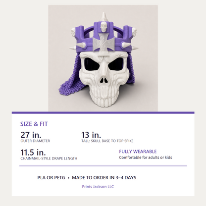 Crown size and fit graphic: 27-inch outer diameter, 13 inches tall, 11.5-inch chainmail-style drape, wearable for adults or kids, available in PLA or PETG.